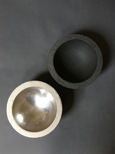 Carol Bogard, “From the beginning”,1990, white oxide cement, sterling silver, black oxide cement and beaten copper patinated