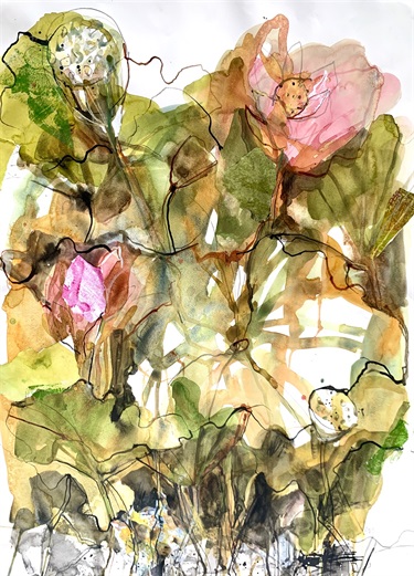 Debbie Mackinnon, Lotus Pond, 2020, watercolour, ink and collage on paper