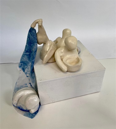 Erin Jaegers, “Pandemic Blemishes”, 2020, ceramics, cotton fabric, wood