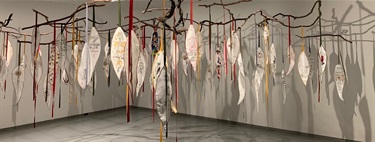 Michelle Belgiorno, “Song Tree”, 2019-2021, cotton, embroidery thread and twigs