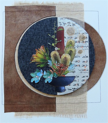 Robyn Kennedy, “Golden Banksia”, 2021, recycled fabric and papers, photographs and metallic thread