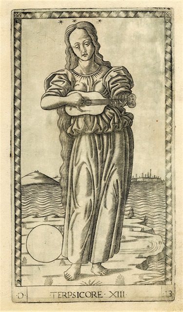 Woodblock print of the Muse Terpischore, 1465, 9 x 18 cm. Courtesy the British Museum Public Commons, BY-NC-SA 4.0.
