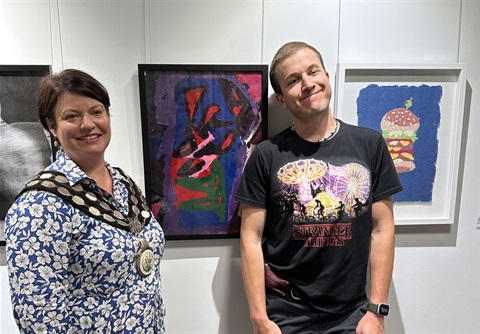 Highly Commended artist Jonathan David Smit with Willoughby Mayor Tanya Taylor.JPG