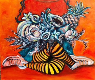 Angela Leigh, “Bee Fruity”, 2023, acrylic on canvas