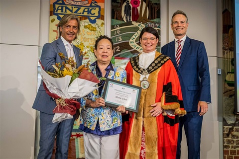 Willoughby's 2023 Australia Day Ambassador George Ellis, 2023 Citizen of the Year Maria Chan, Mayor Tanya Taylor and NSW MP Tim James.jpg